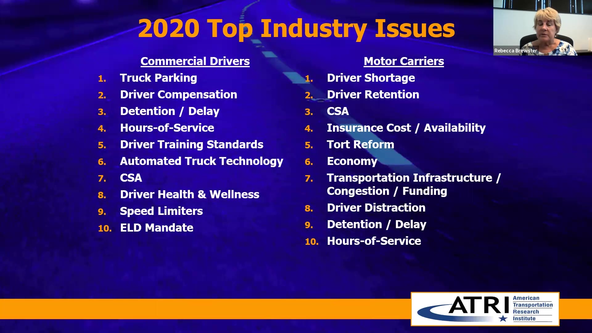 Trucking Industry Concerns 2020 from ATRI Top Issues for Drivers & Motor Carriers