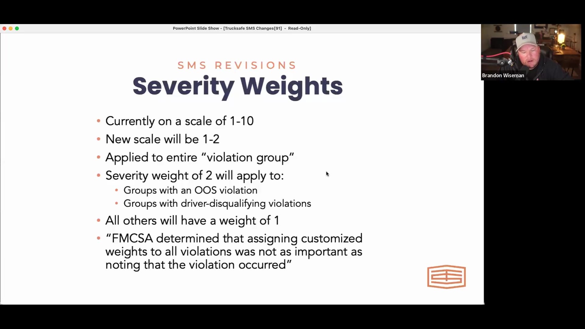 SMS Revisions FMCSA Severity Weights