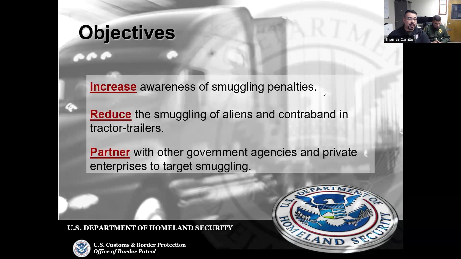 US Border Patrol to Truck Drivers Objectives