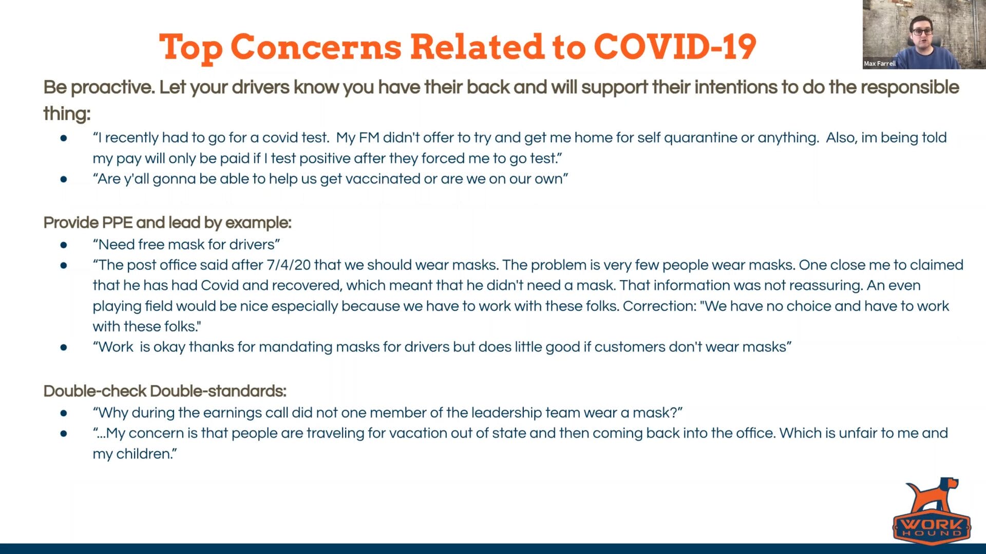 Driver Feedback to Improve Retention COVID-19 Top Concerns